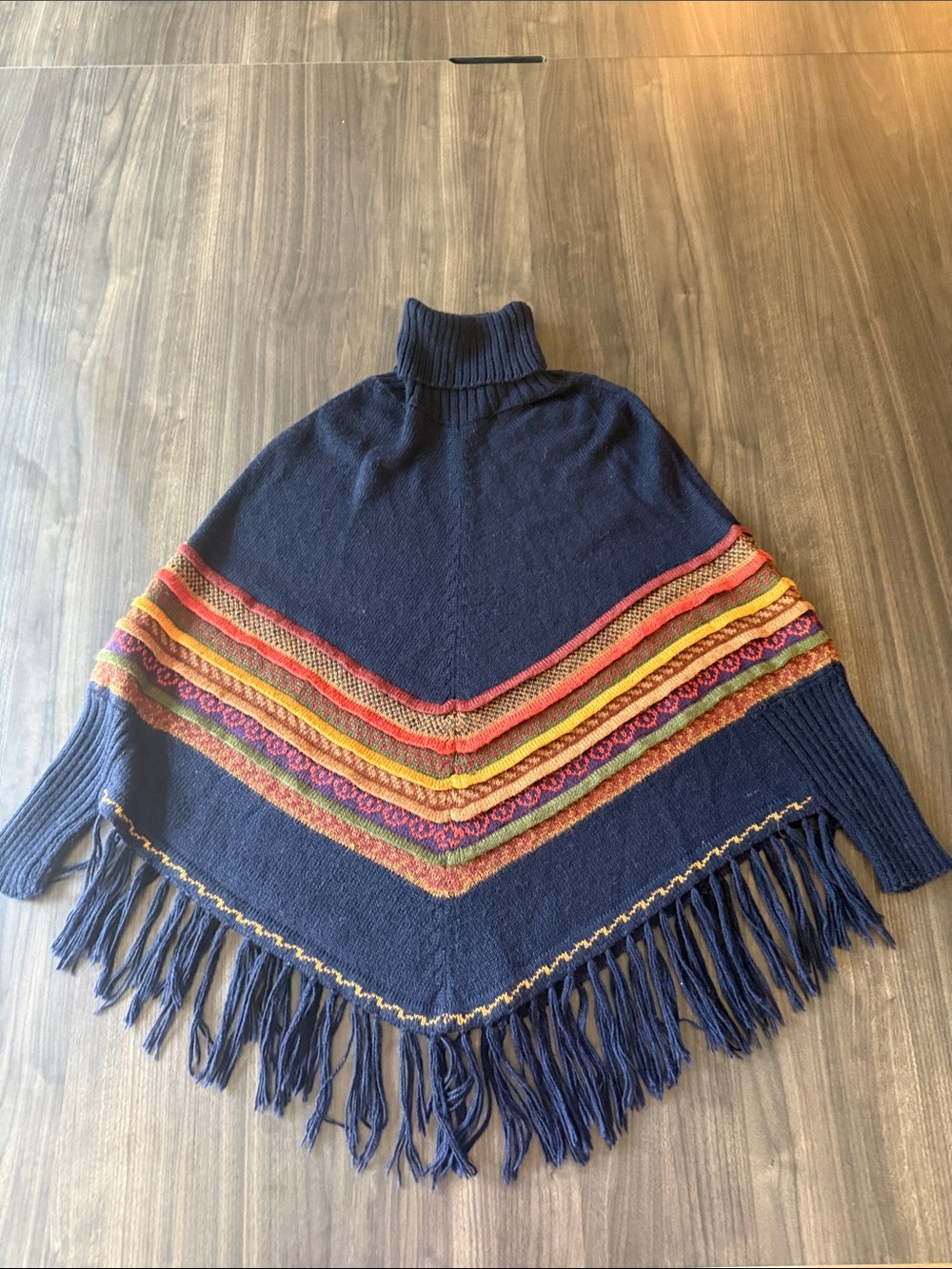 Vintage Southwestern Fringe Poncho Turtleneck Navy Multicolor Boho